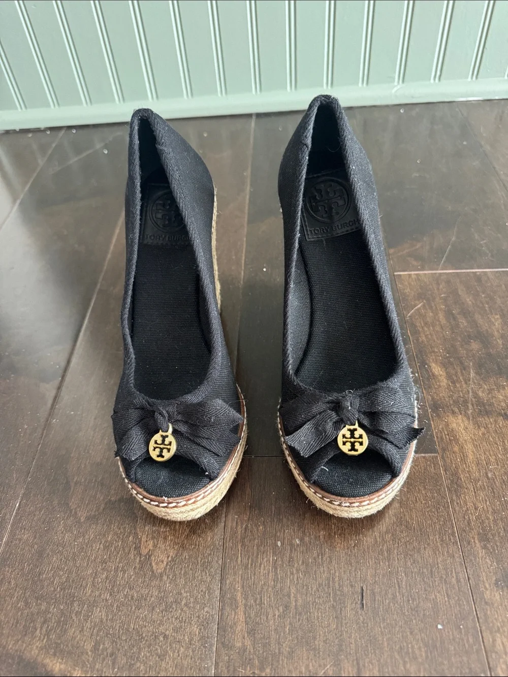 Tory Burch Black Canvas Espadrille Wedges with Gold Logo Charm